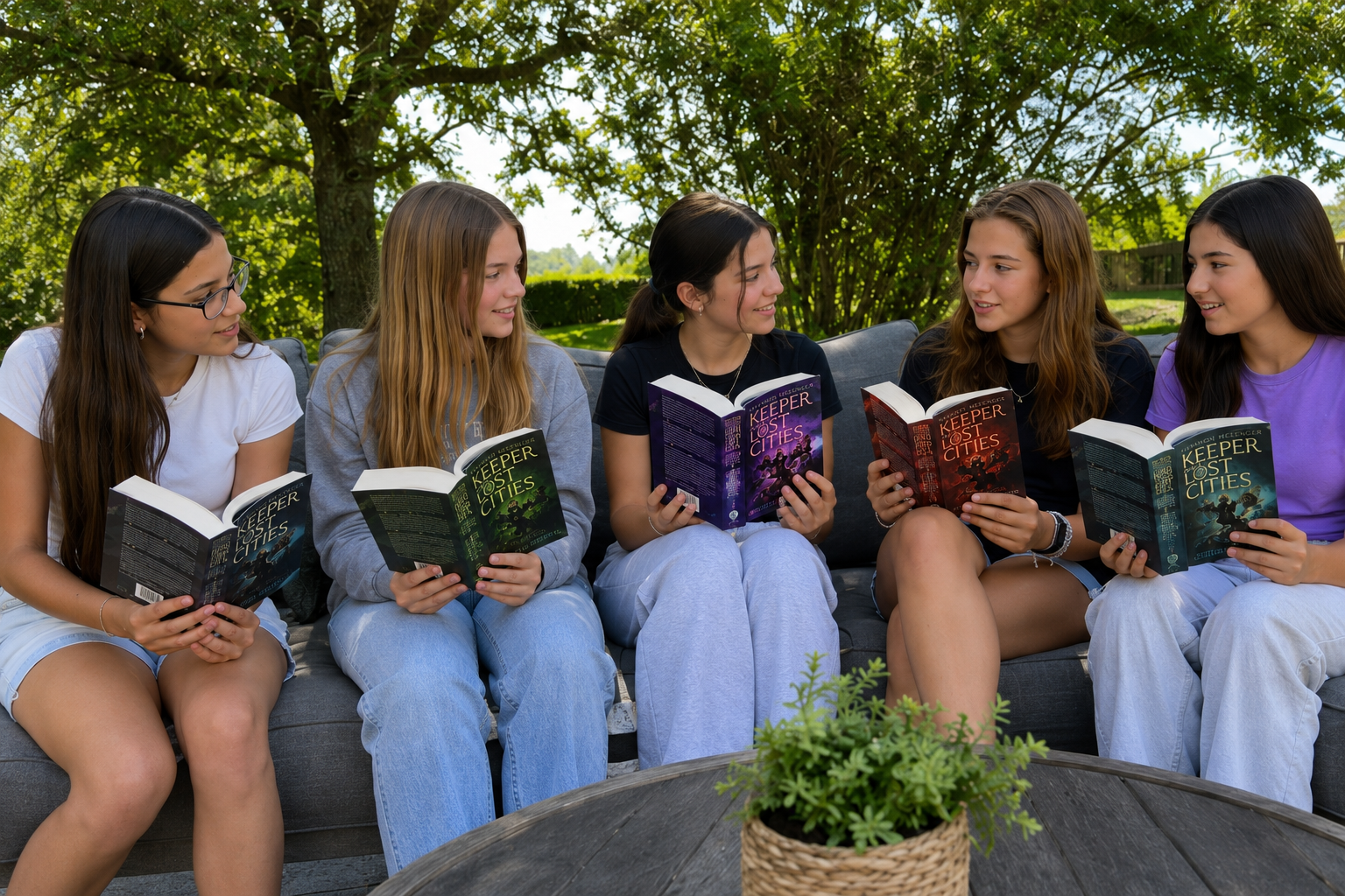Girls holding their Keeper of the Lost Cities books